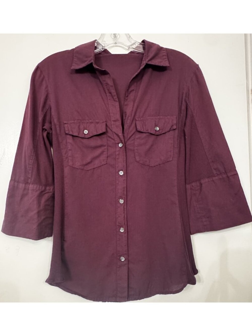 James Perse Women Sheer Slub Side Panel Button Down Blouse Burgundy Size 2